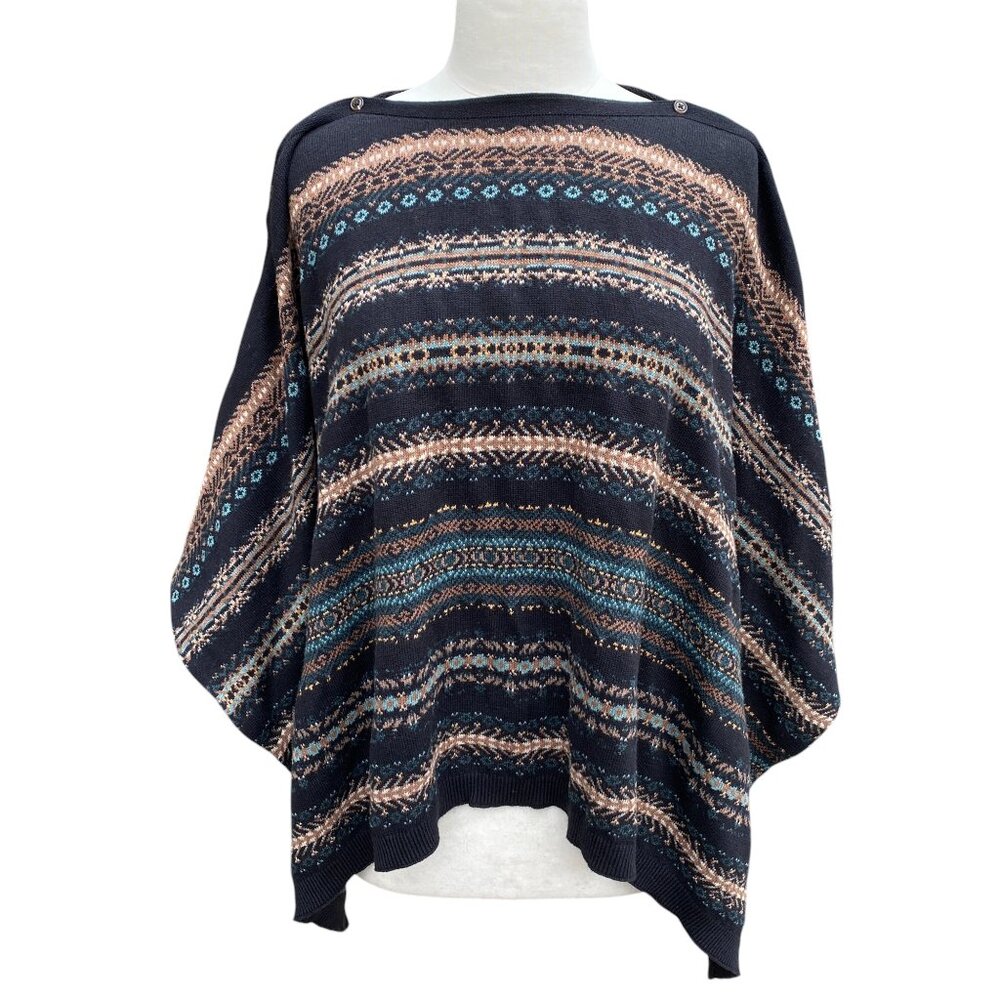 J Jill Fair Isle Knit Poncho Indie Grunge Striped Shoulder Button Equestrian-OS
